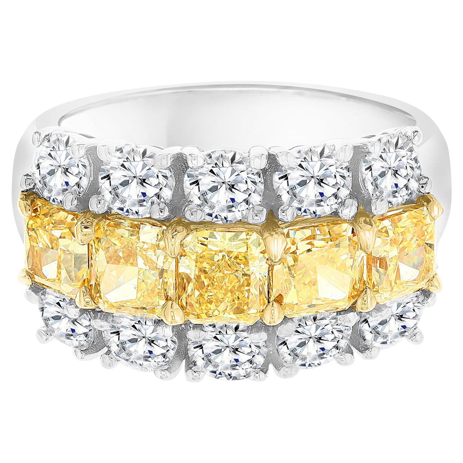 4.43 Carat Fancy Yellow Radiant Cut and White Diamond Band Ring For Sale