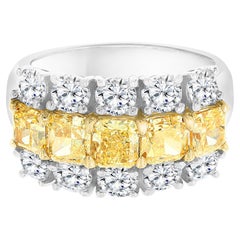 4.43 Carat Fancy Yellow Radiant Cut and White Diamond Band Ring