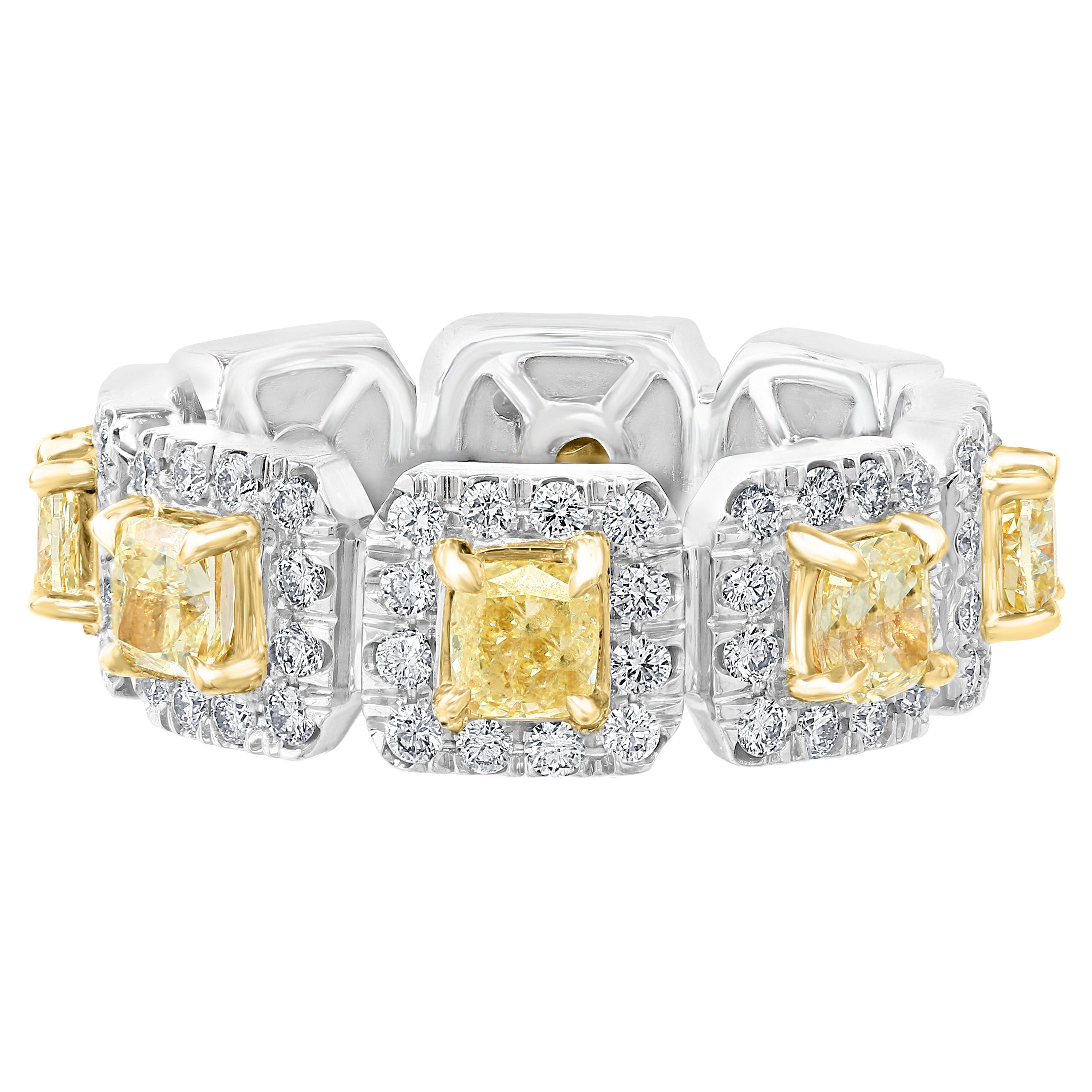 Fancy Yellow Cushion Cut and White Diamond Band Ring For Sale