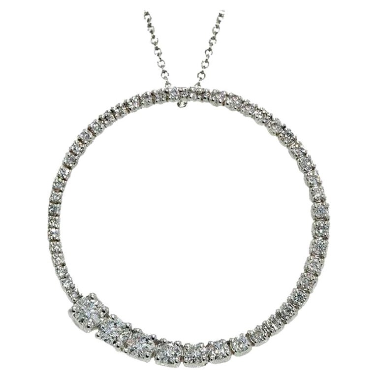 1.52 Carat Natural Diamond Circle Pendant Necklace 14K White Gold For Sale