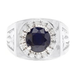 Anello da uomo in oro bianco massiccio 14K con diamante naturale e zaffiro blu da 4,50 carati