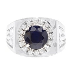 Bague pour homme en or blanc massif 14 carats avec diamants naturels de 4,50 carats et saphir bleu