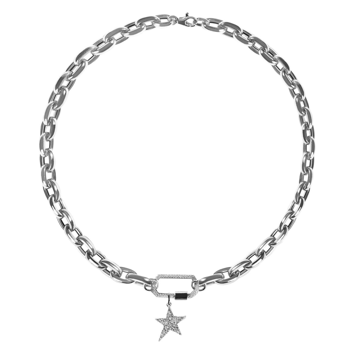 AS29, Diamond Lock and Pave Star with Chunky Links Chain in 18K White Gold For Sale