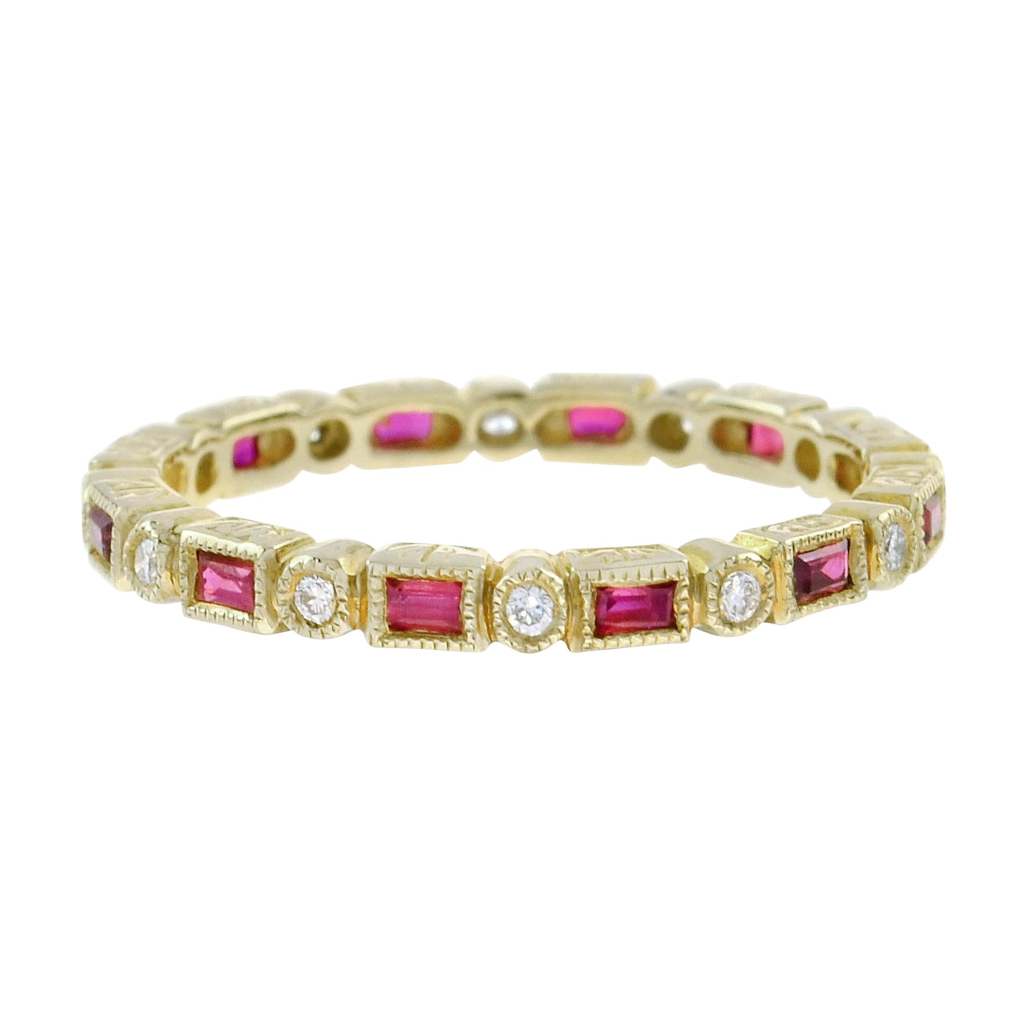 For Sale:  Art Deco Style Alternate Ruby and Diamond Eternity Ring in 10K Yellow Gold