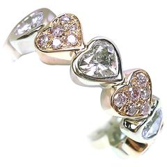 Gorgeous Ambrosi Pink and White Diamond Gold Hearts Band Ring