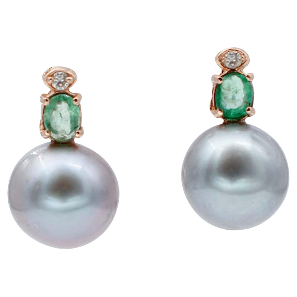 Emeralds, Diamonds, Grey Pearls, 14 Karat Rose Gold Stud Earrings