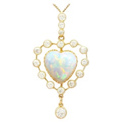 Antique 5.48 Carat Opal and 2.91 Carat Diamond Heart Pendant