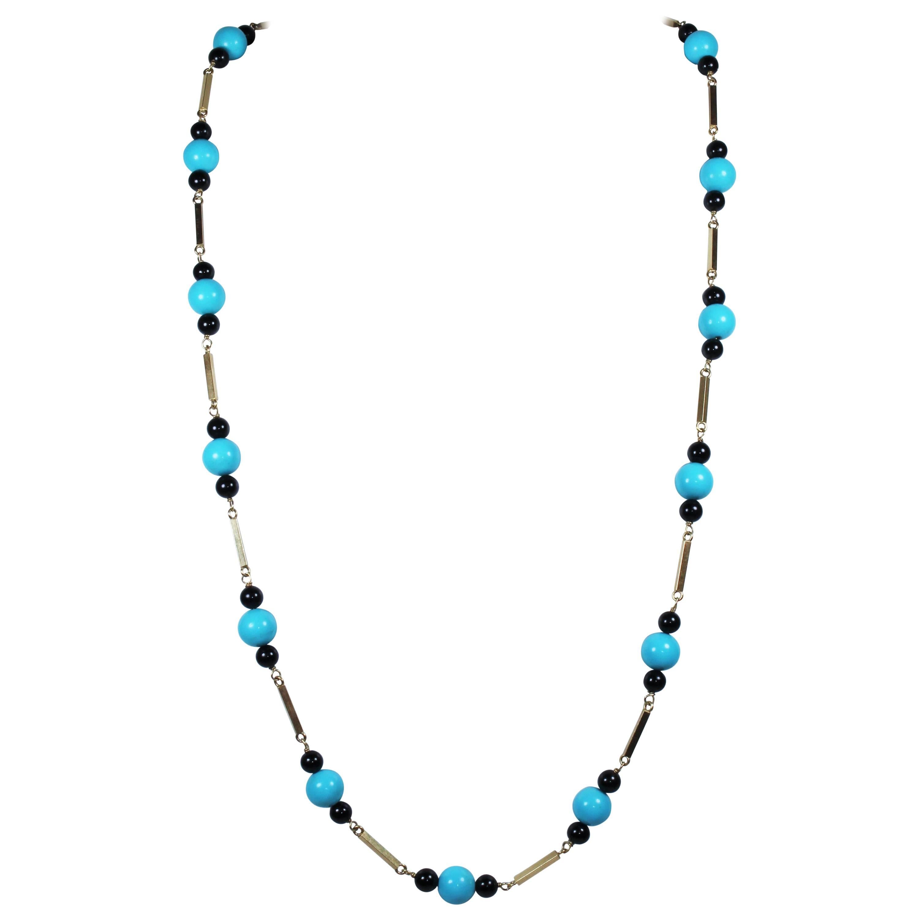 Onyx & Turquoise Bead 14 KT Yellow Gold Necklace or Double Strand Choker