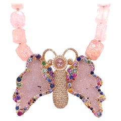 Morganite Necklace with Multi Color Gemstone Jubilee Butterfly Clasp and Brooch