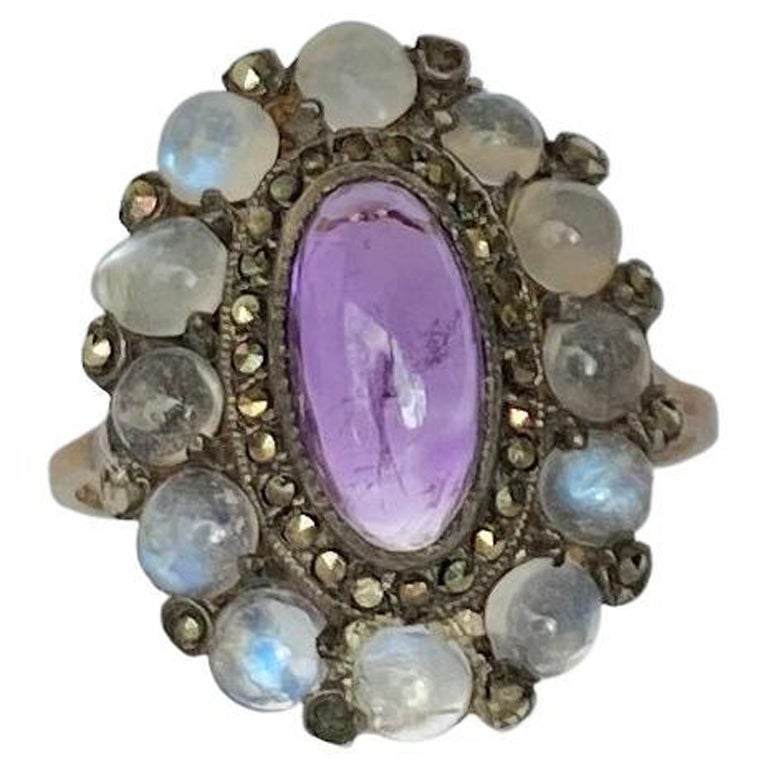 Art Deco Moonstone and Amethyst Gold and Silver Ring