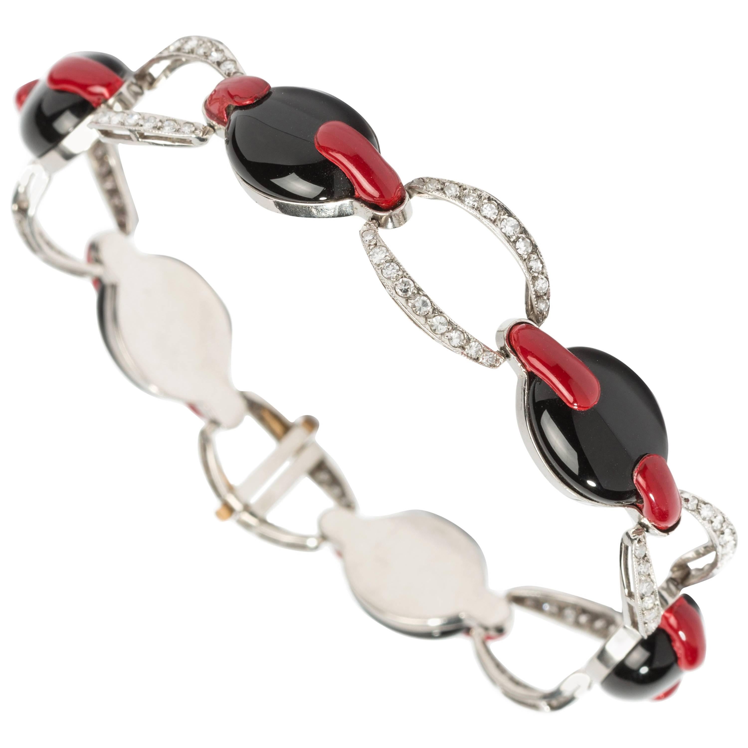 Bracelet en platine de style Art déco avec diamants et onyx
