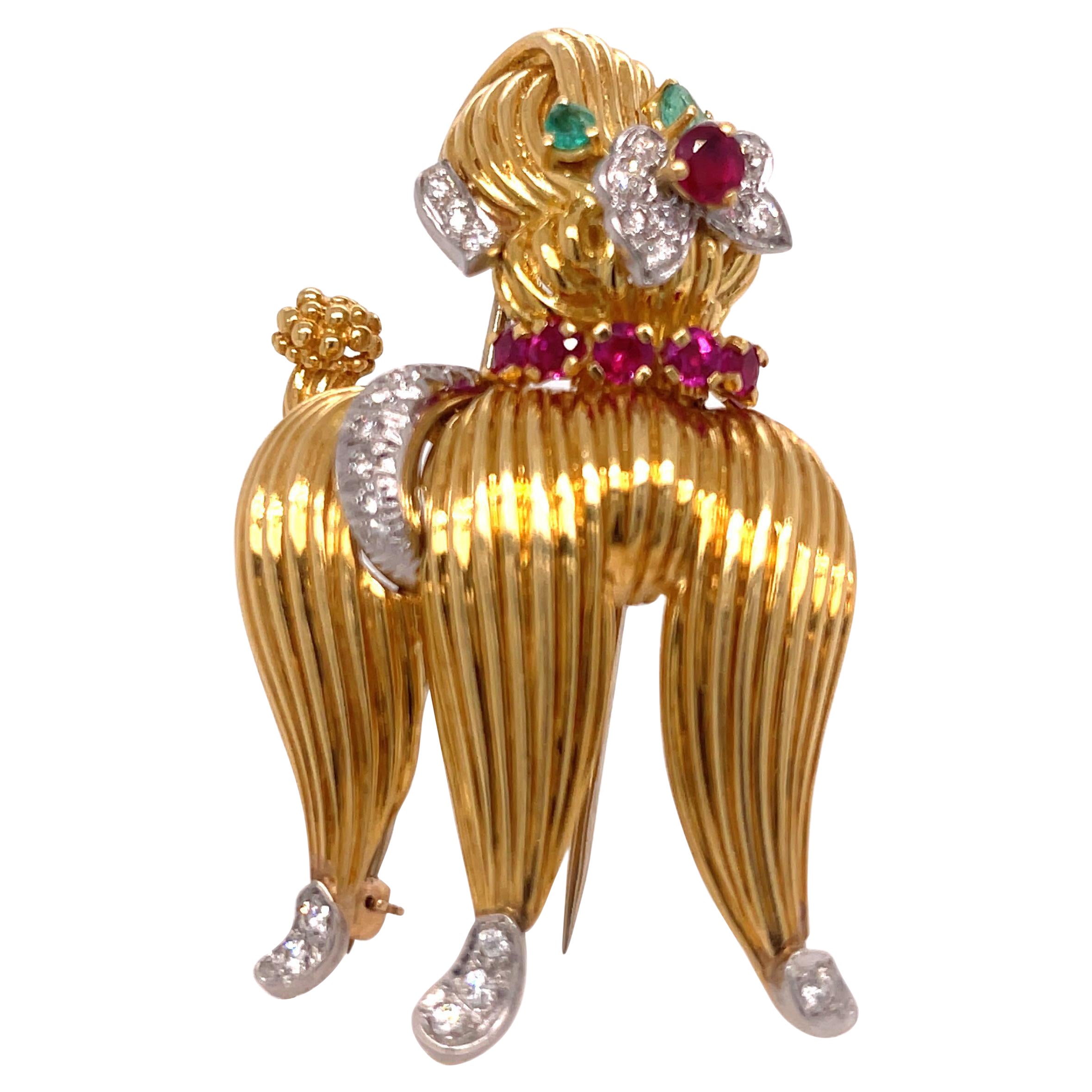 Tiffany & Co Yellow Gold Diamond Emerald and Ruby Poodle Pin