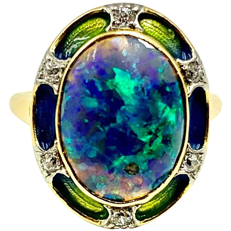 Art Nouveau Signed Durand & Co. Black Opal, Diamond, Ombre Enamel 18K Gold Ring For Sale
