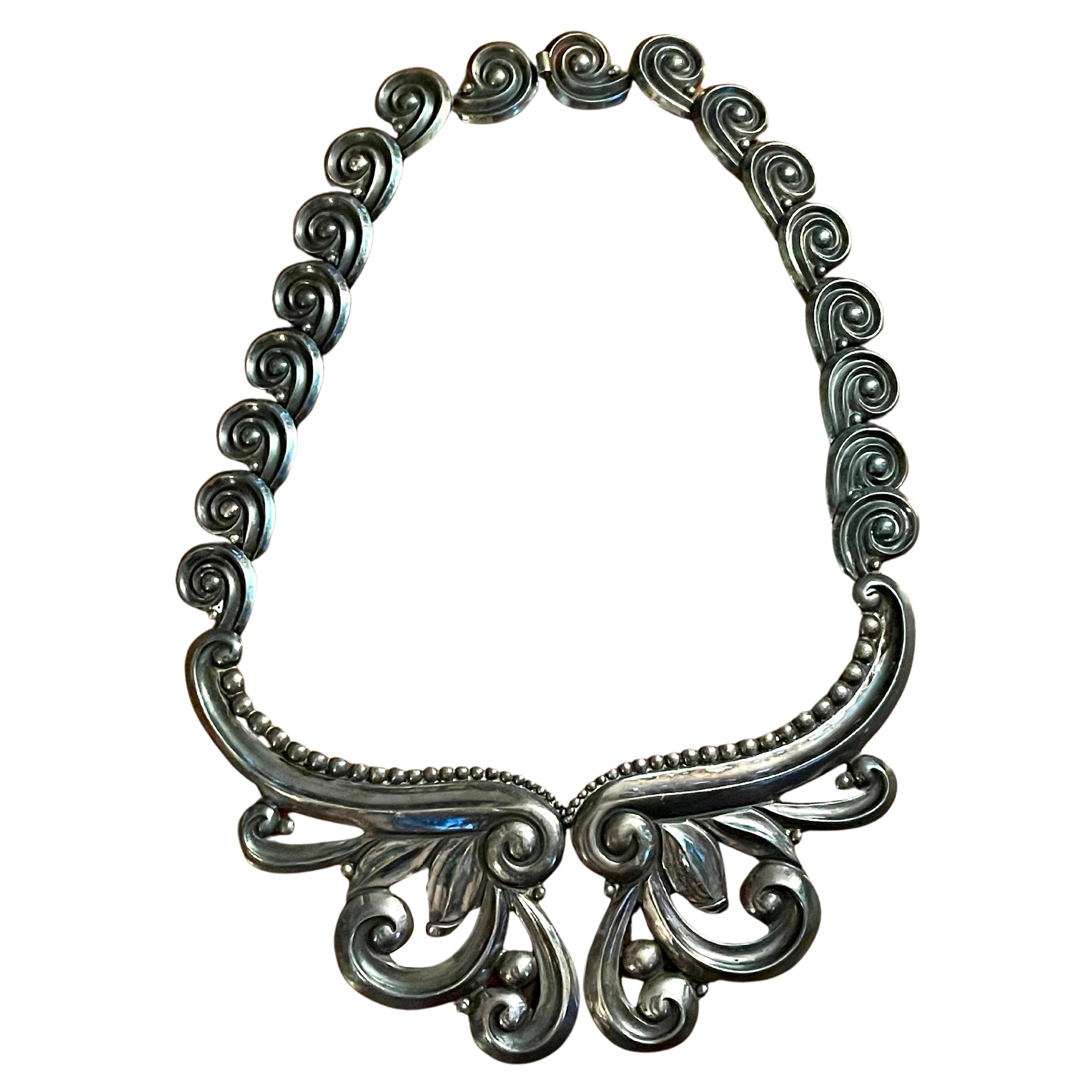 Vintage Los Castillos Taxco Mexico Pectoral Repousse Sterling Silver Necklace