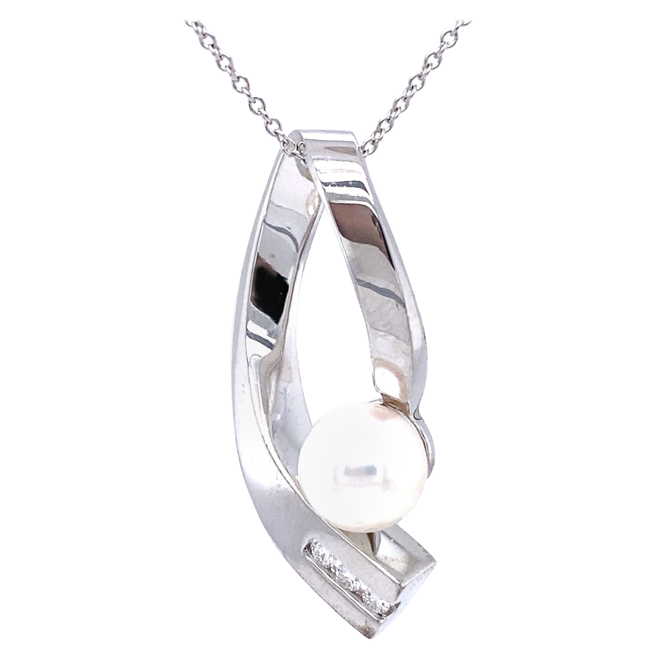 Vintage 14K White Gold Diamond and Pearl Abstract Pendant with Chain For Sale