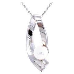 Vintage 14K White Gold Diamond and Pearl Abstract Pendant with Chain
