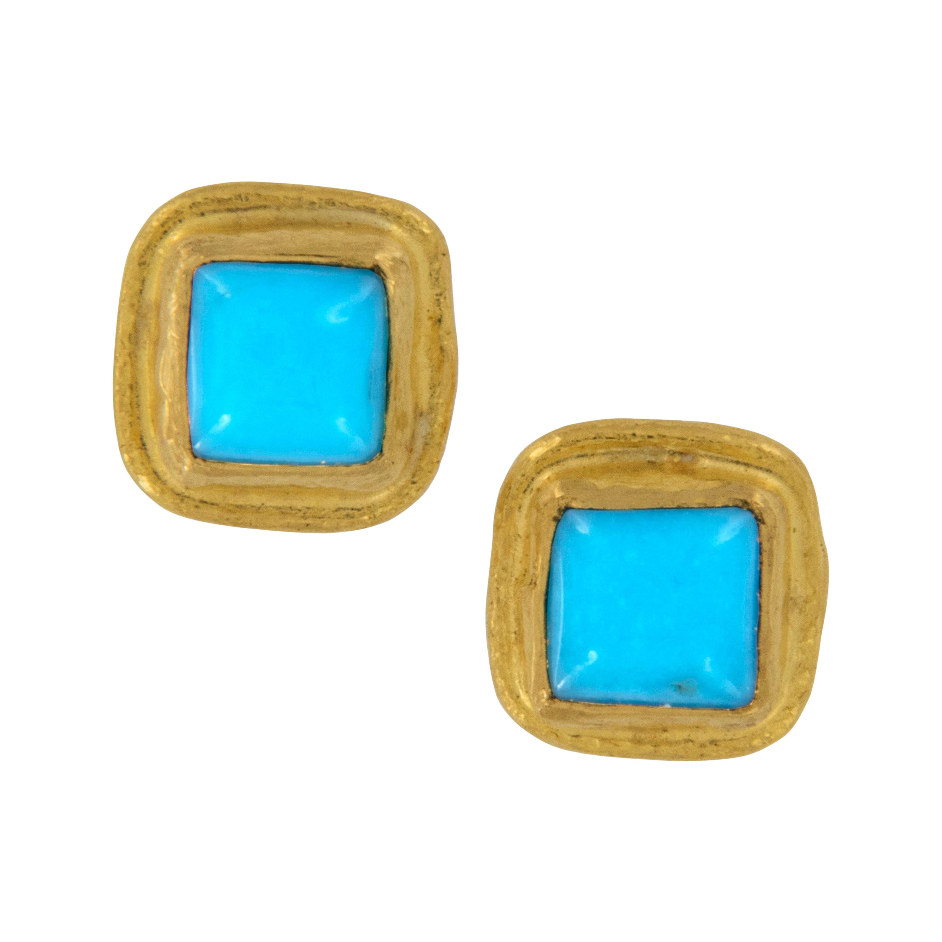 Pure 24 Karat Yellow Gold Persian Turquoise Stud Earrings