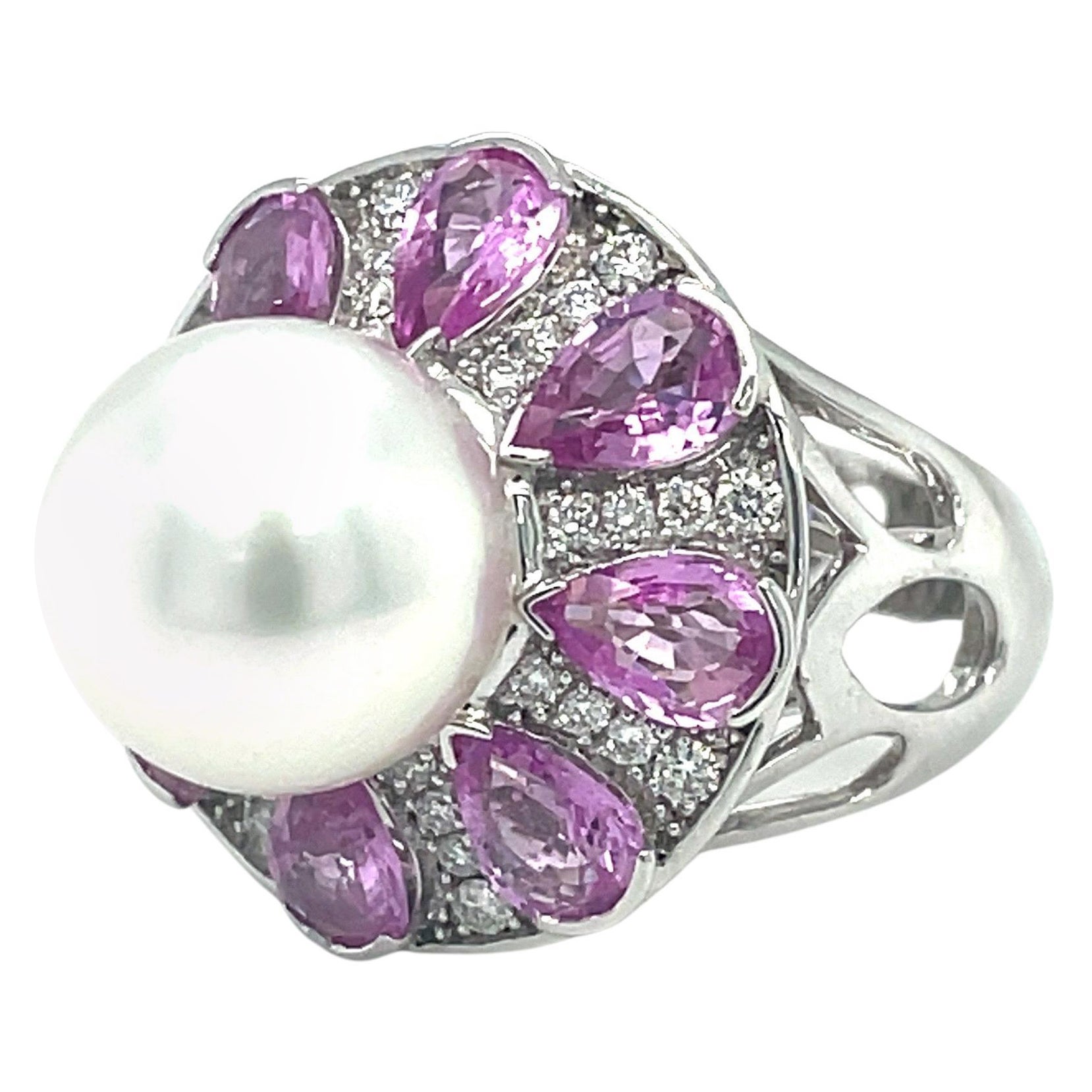 South Sea Pearl, Pink Sapphire and Diamond Cocktail Ring For Sale