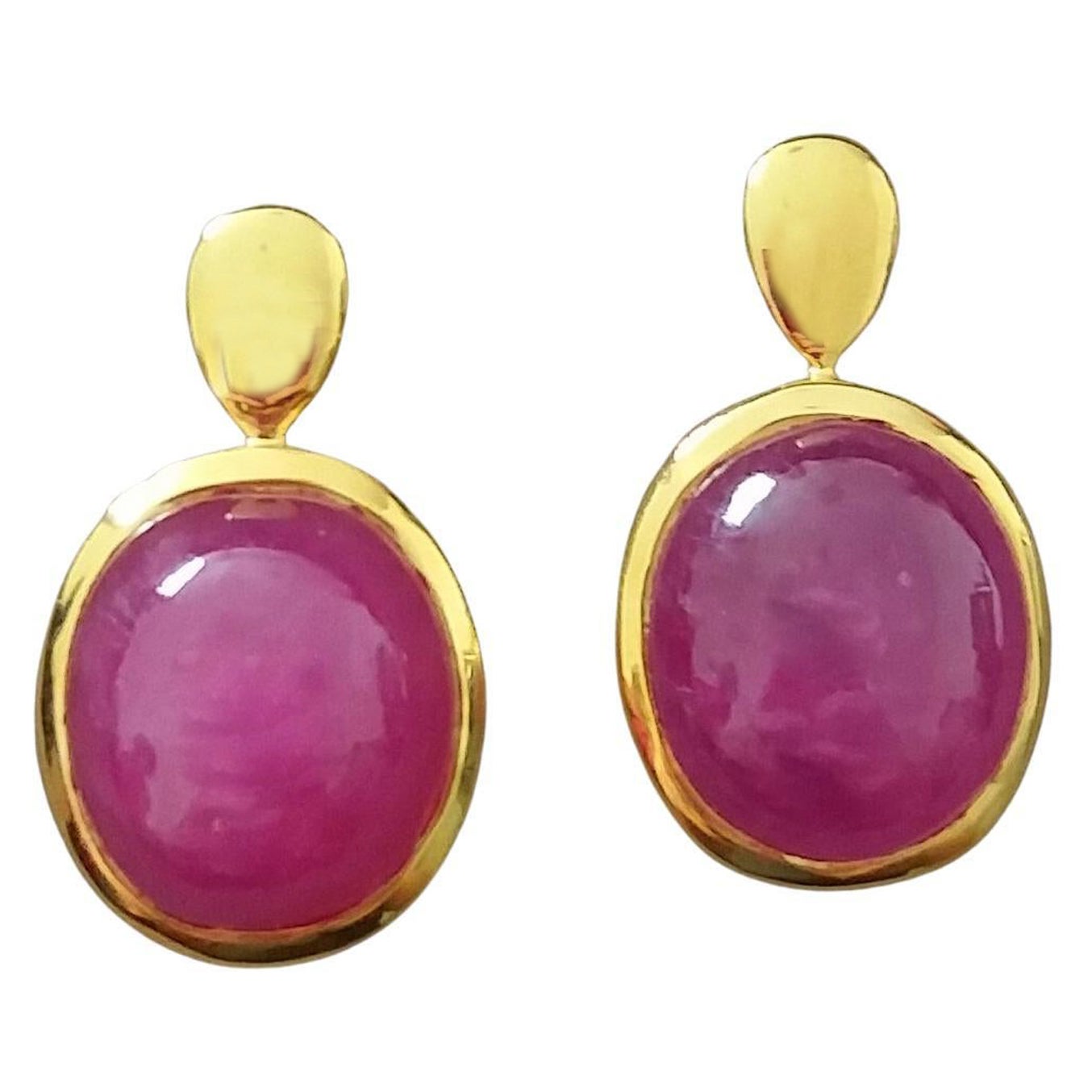 20 Carats Natural Ruby Oval Cabochons 14 Kt Gold Bezel Stud Earrings For Sale