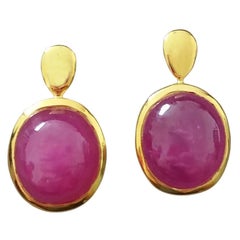 20 Carats Natural Ruby Oval Cabochons 14 Kt Gold Bezel Stud Earrings