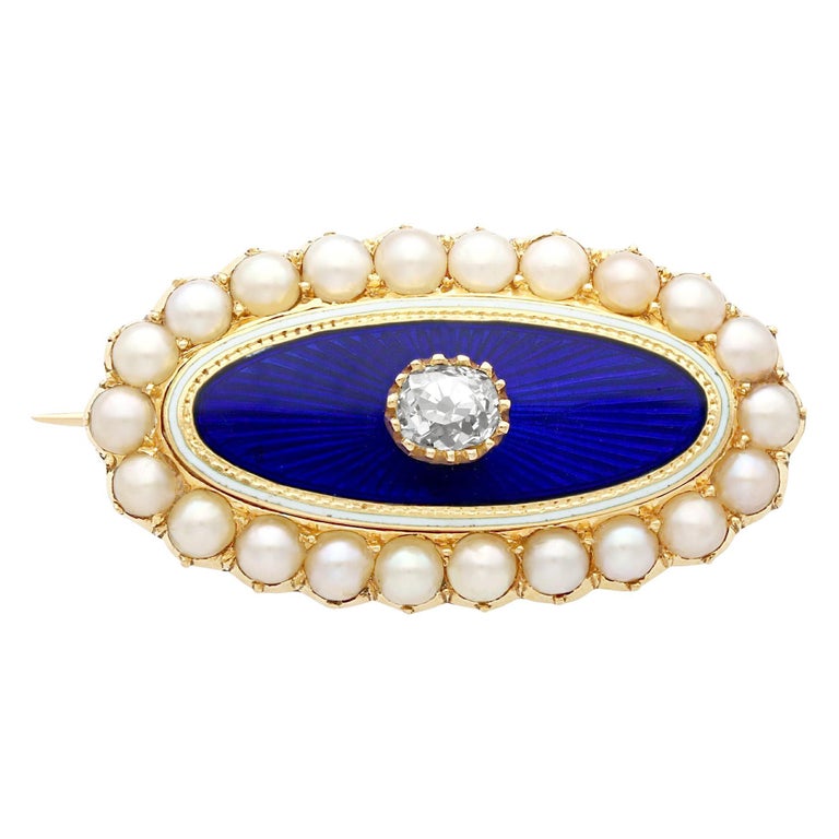 Antique Victorian Diamond Seed Pearl Enamel Yellow Gold Brooch For Sale