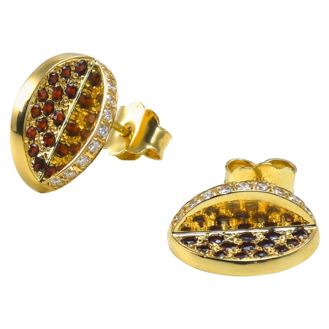 Maria Kotsoni Contemporary 18k Yellow Gold Diamond & Garnet Stud Earrings For Sale