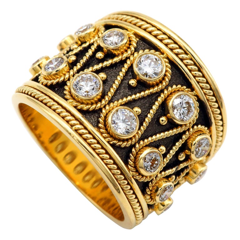Dimos 18k Gold Byzantine Inspired Band Ring with Brilliant Diamonds For Sale