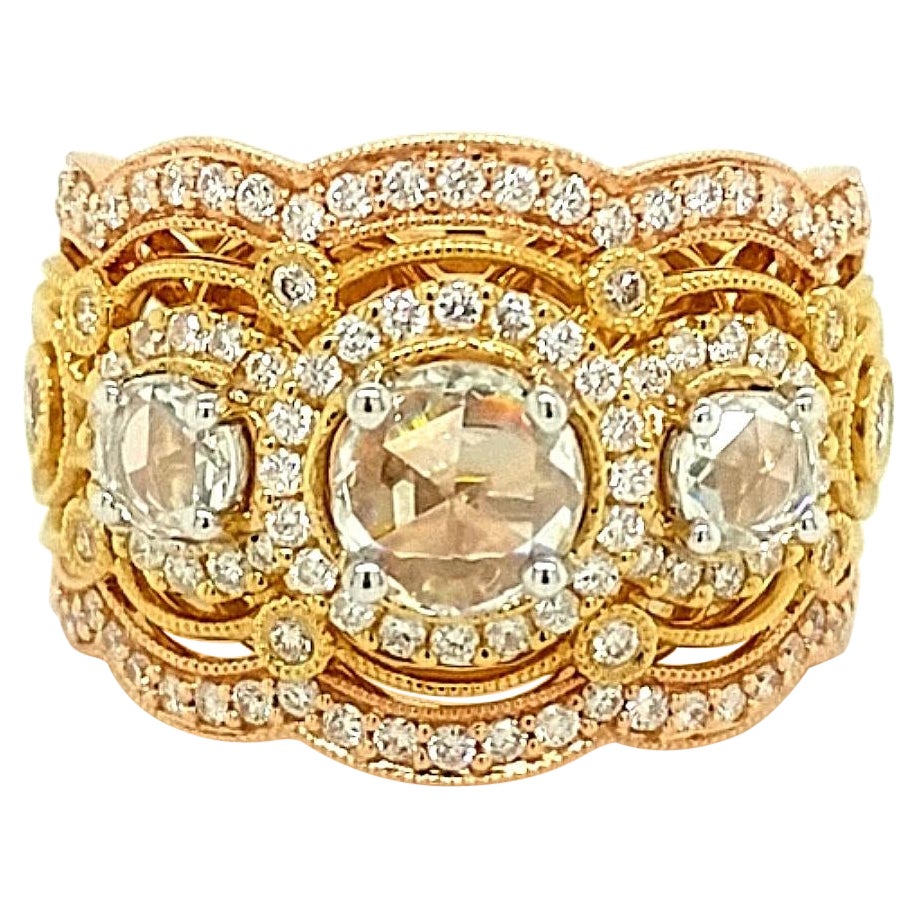 18Kt Tri Color Gold 1.89 Carat Round Brilliant & Rose Cut Diamond Cocktail Ring For Sale