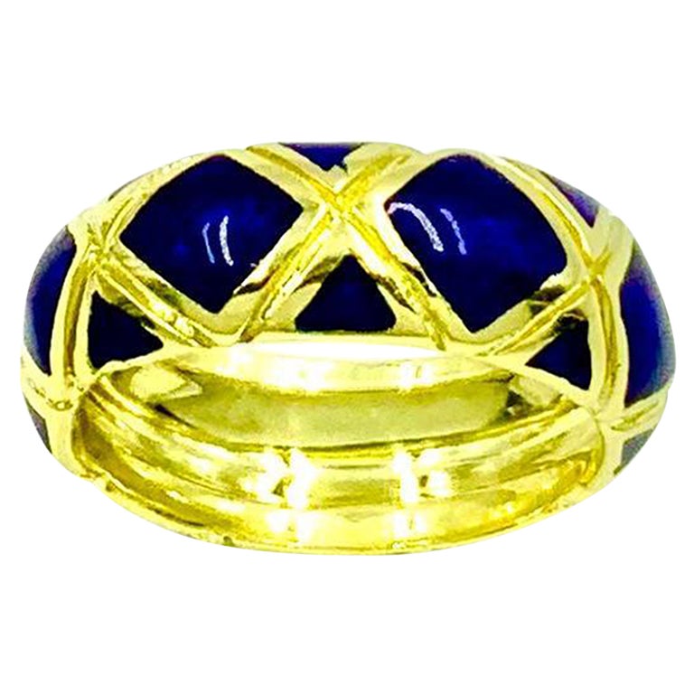 Estate Tiffany &Co. Cobalt Blue Enamel 18K Yellow Gold X Band Ring
