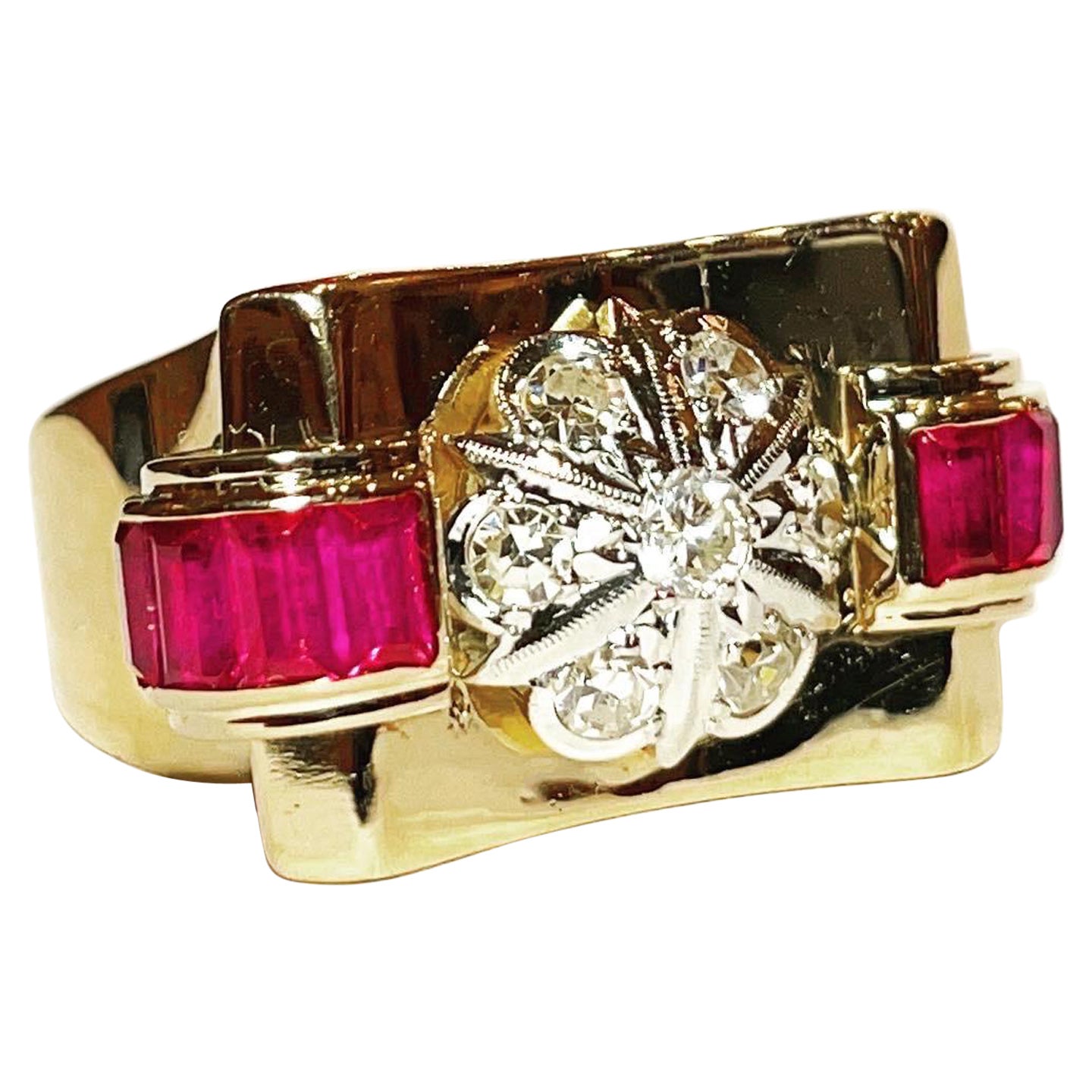 1940s Retro Diamond Rubies 18 Karat Yellow Gold Tank Cocktail Ring