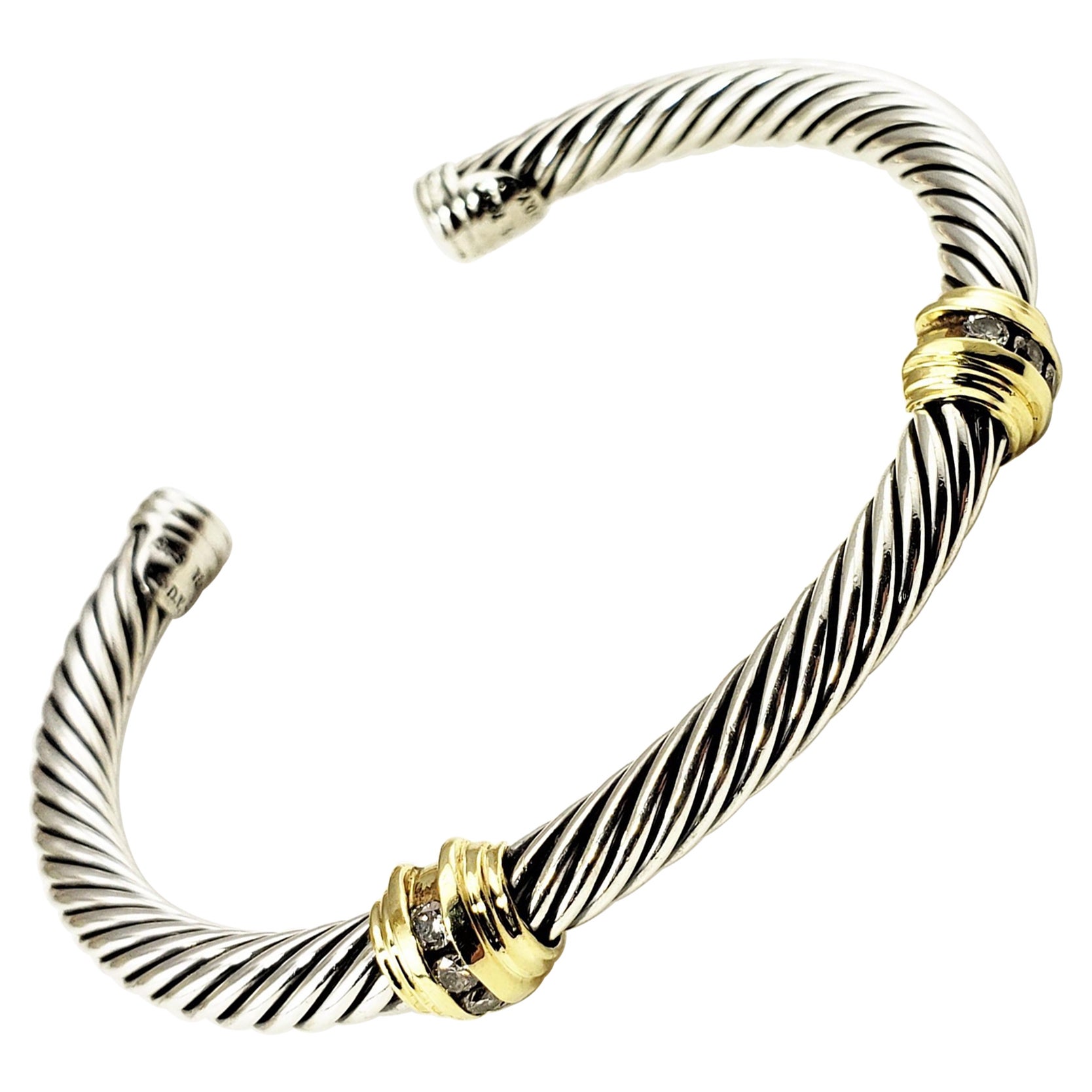 David Yurman Sterling Silver/18 Karat Yellow Gold and Diamond Cable Cuff Bracele