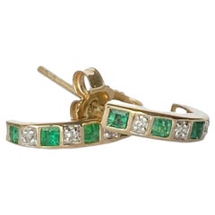 Vintage Emerald and Diamond 9 Carat Gold Half Hoop Stud Earrings