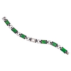 Antique Art Deco J.E. Caldwell & Co. Carved Jade, Onyx and Diamond Bracelet in Platinum