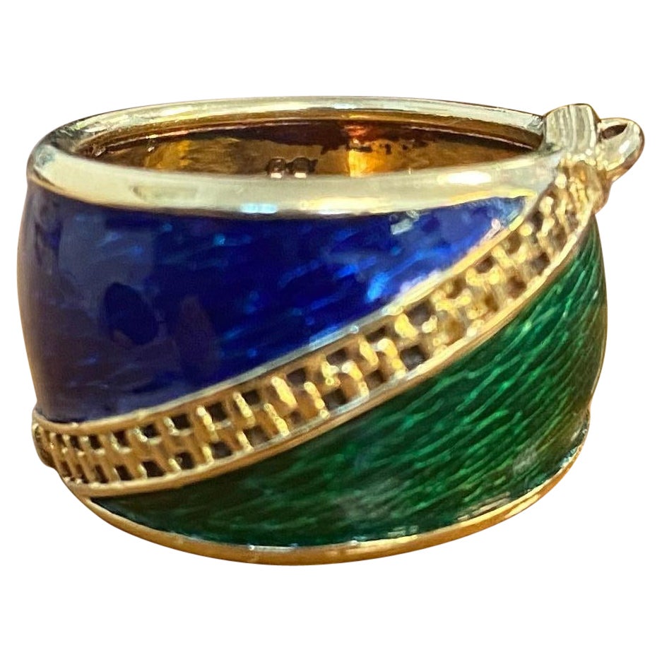 Kutchinsky 18k Yellow Gold, Blue & Green Enamel Zipper Motif Ring Vintage