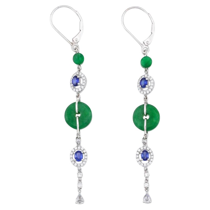Certified Natural Green Jade, Diamond & Sapphire Designer Drop Earrings For Sale