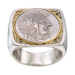 Bague en argent et or pour hommes avec pièce de monnaie romaine antique romaine du 2e siècle avant J.-C.