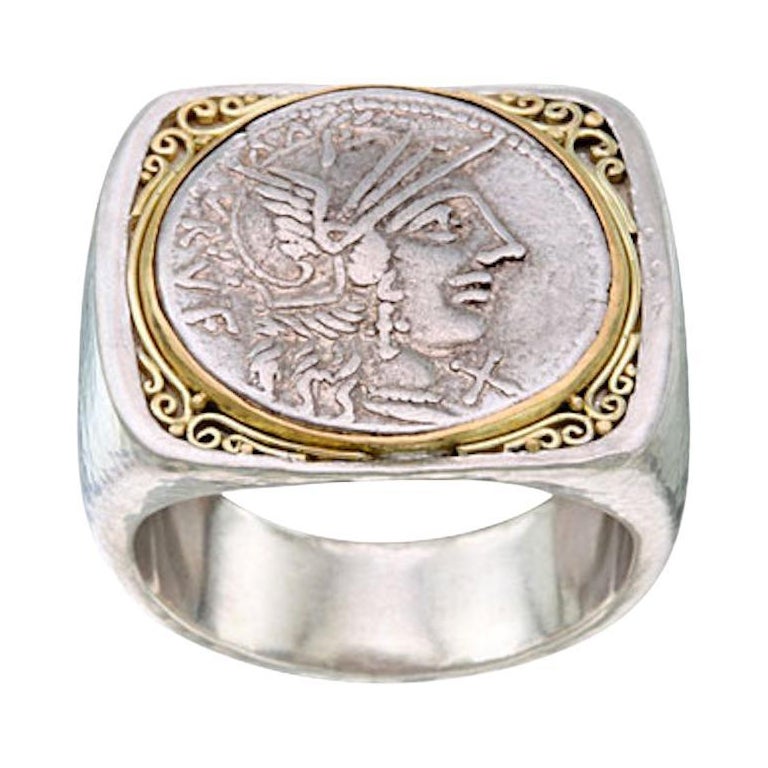 Ancient Roman 2nd Century BC Roma Coin Mens Gold Silver Ring at 1stDibs