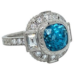 Superbe bague de fiançailles en platine, diamant et zircon bleu, 6,50 carats