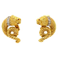 Awesome Vintage Chinese Dragon 18K Yellow Gold Diamond and Ruby Earrings