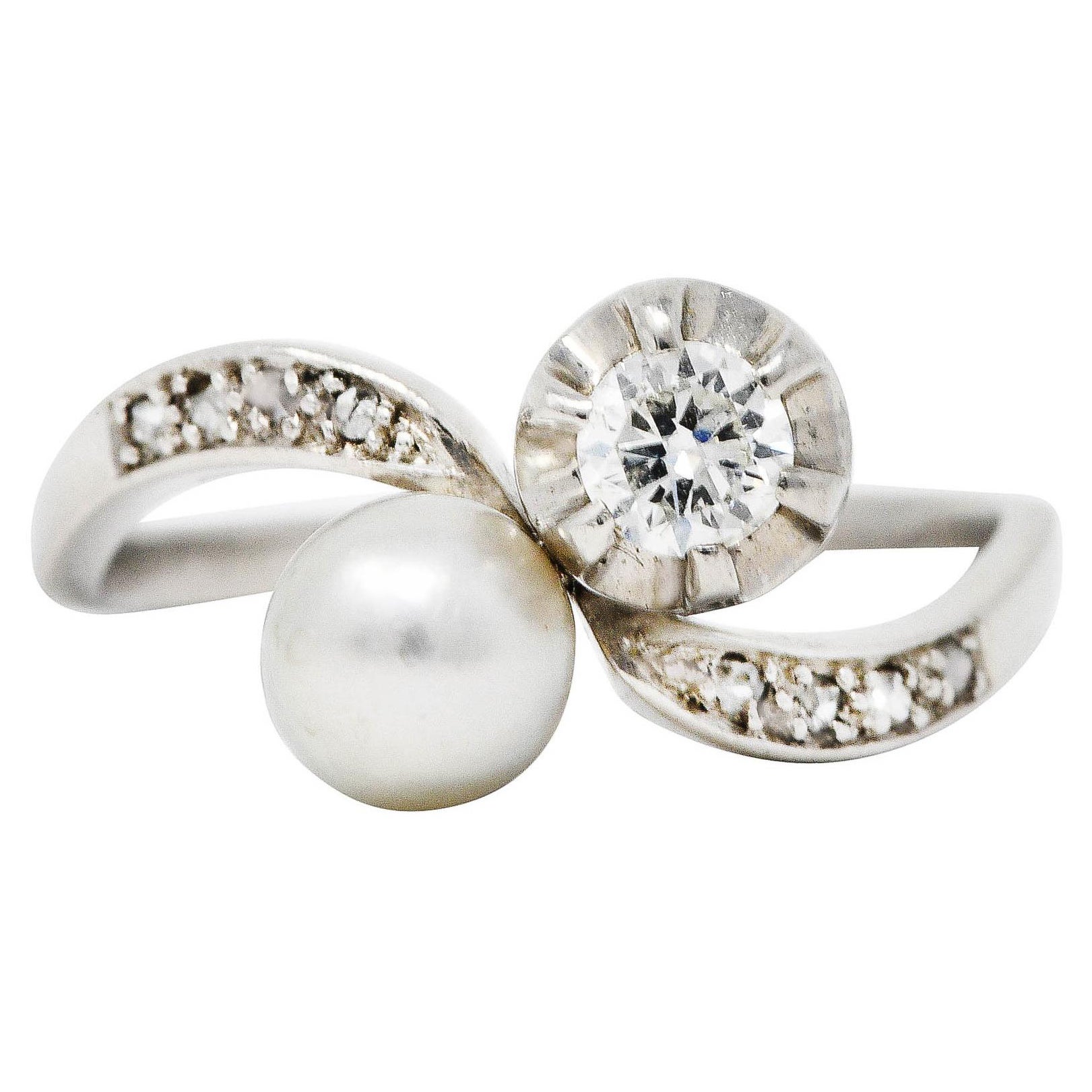 1920's Art Deco Diamond Pearl Platinum Toi Et Moi Bypass Ring