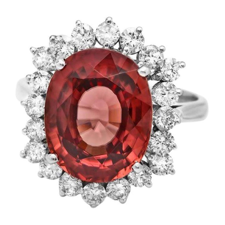 10.00 Carats Natural Red Zircon and Diamond 14K Solid White Gold Ring