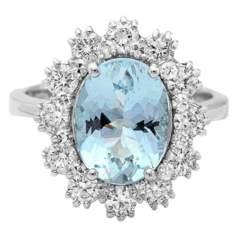 4.70 Carats Natural Aquamarine and Diamond 14K Solid White Gold Ring For Sale