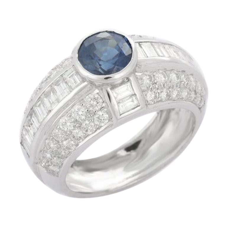 Classic Blue Sapphire and Diamond Ring in 18k Solid White Gold