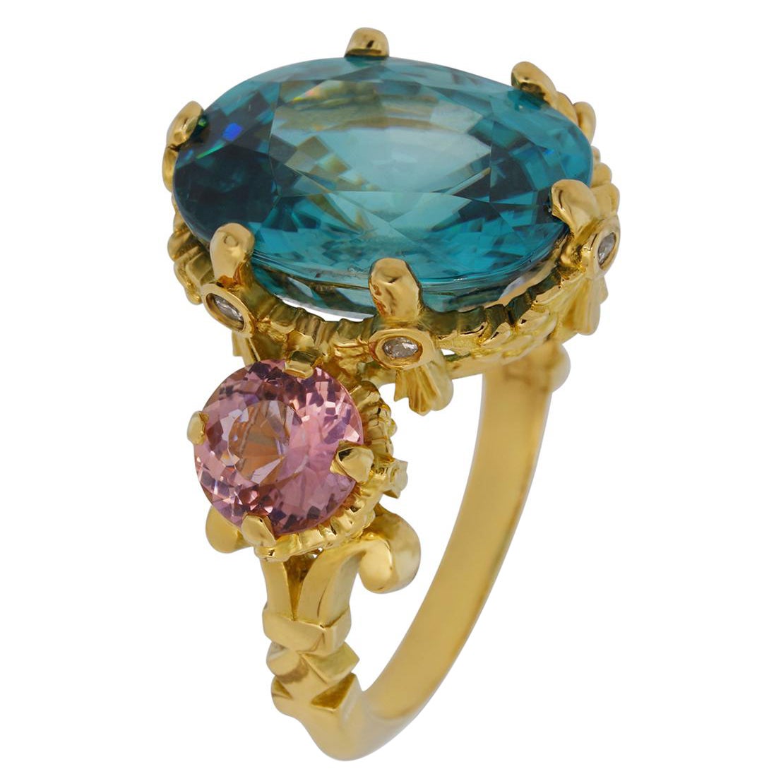 Blue Zircon and Pink Tourmalines gold ring  For Sale