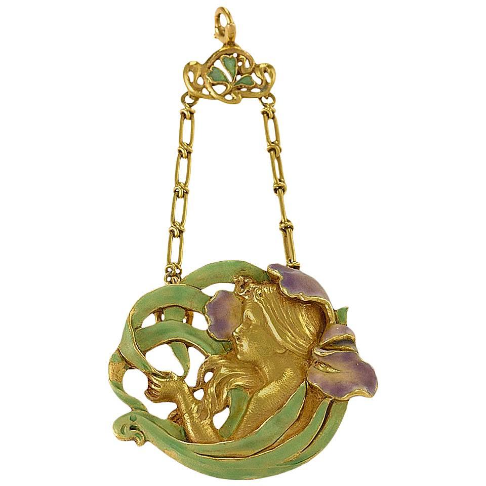 André Rambour French Art Nouveau Enamel Gold Pendant For Sale