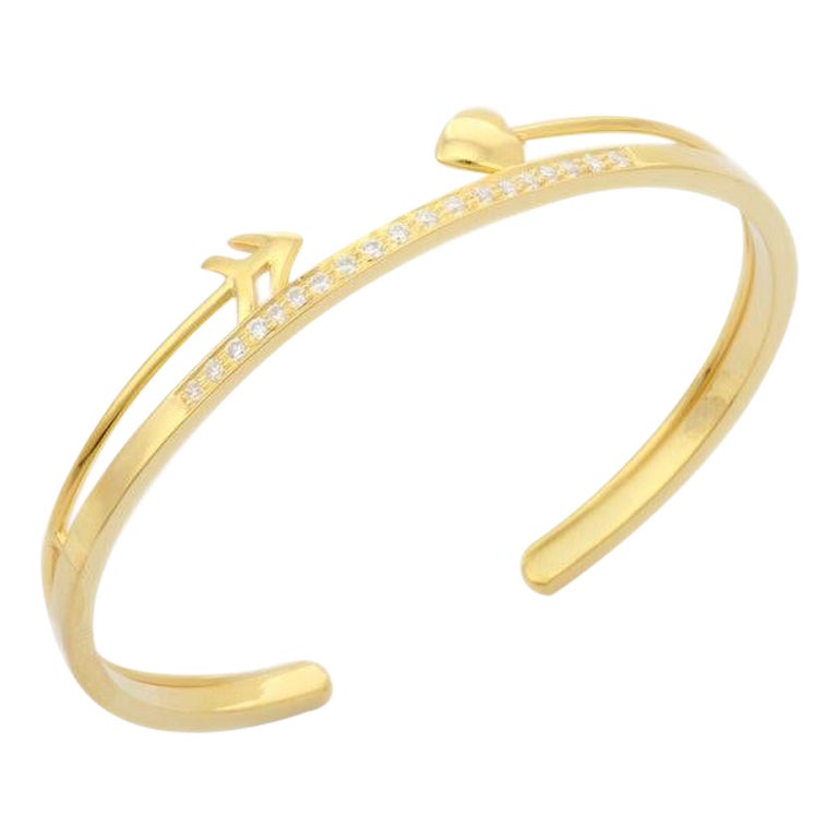Trendy Diamond Arrow Heart Cuff Bracelet in 14kt Solid Yellow Gold