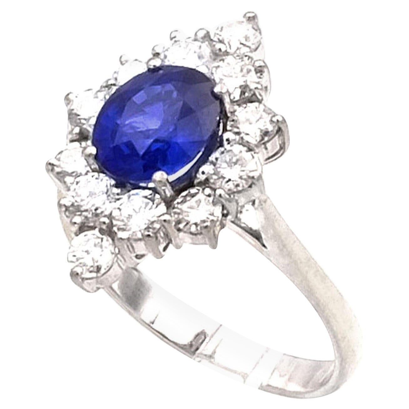 1.6 Carat Sapphire and 0.9 Carat Diamond 18K White Gold Cluster Ring