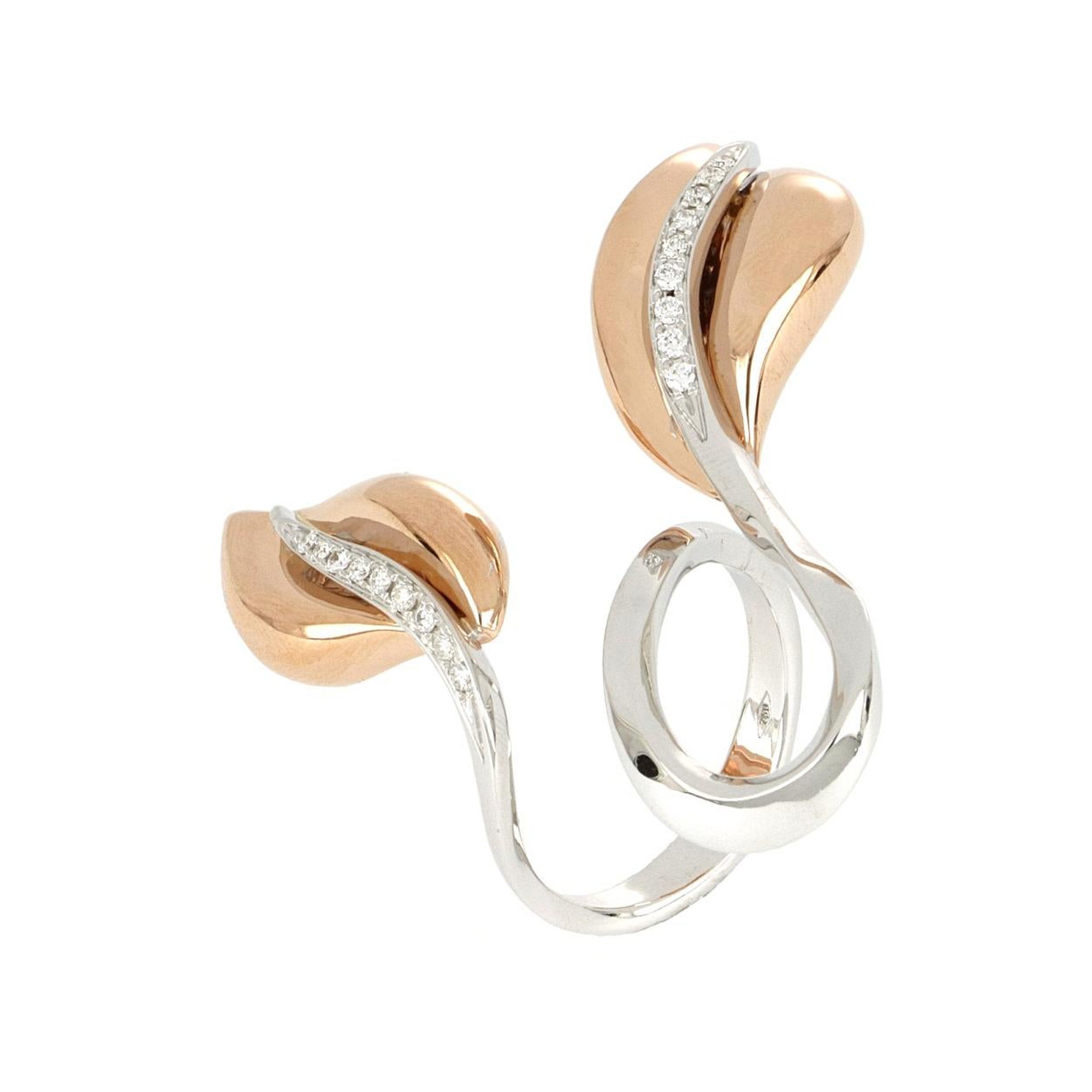 For Sale:  18kt White and Rose Gold 3 Chic Leaf Ring Decorated with Diamonds Pavè
