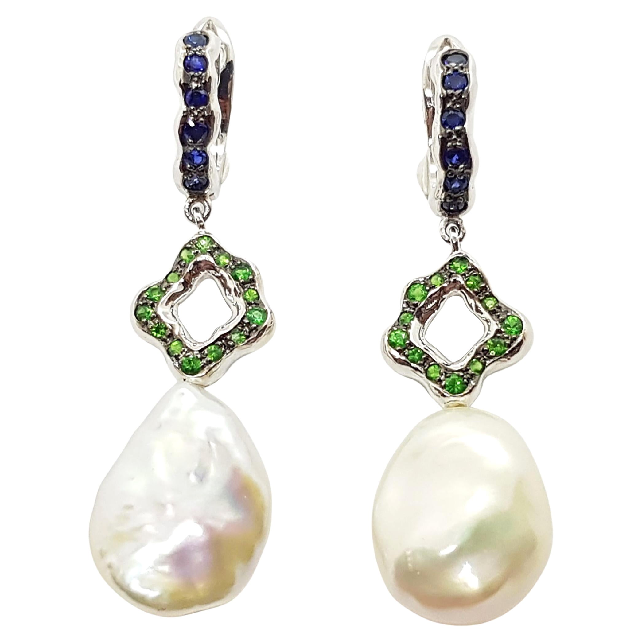 Pearl with Tsavorite and Blue Sapphire Earrings Set in 18 Karat White Gold