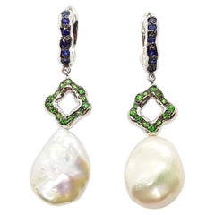 Pearl with Tsavorite and Blue Sapphire Earrings Set in 18 Karat White Gold